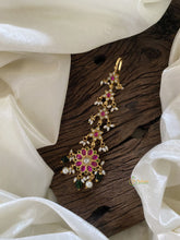 Red White Precious Kundan Jadau Maang Tikka -Floral-Green Bead and Rice Pearls - J2033